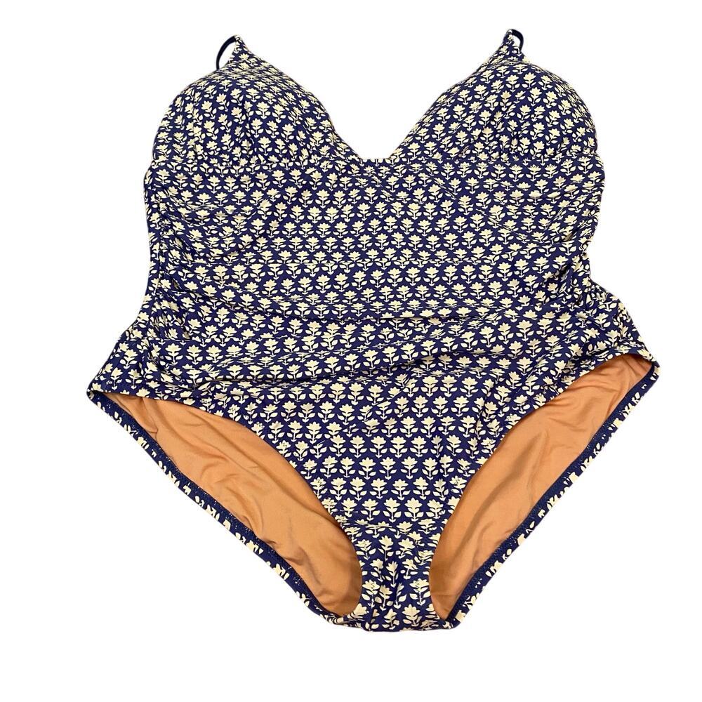 J Crew Blue White Floral One Piece V Neck Bathing Suit Flattering Size 22 NWOT
